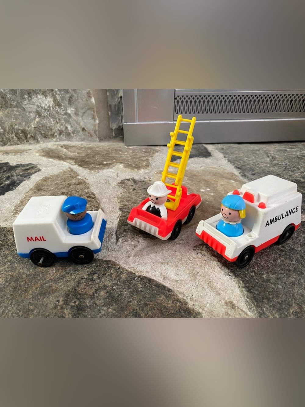 Vintage Fisher Price 3 vehicle set, Fire engine, mail car, ambulance car.